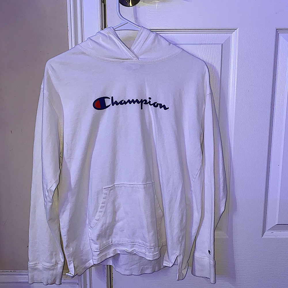 White Champion Long Sleeve Pullover Hoodie